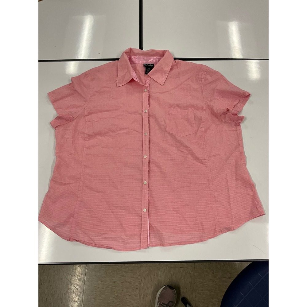 Rafaella Women's Button Up Short Sleeve Shirt Pink Checks Satin Lapel Trim 22W